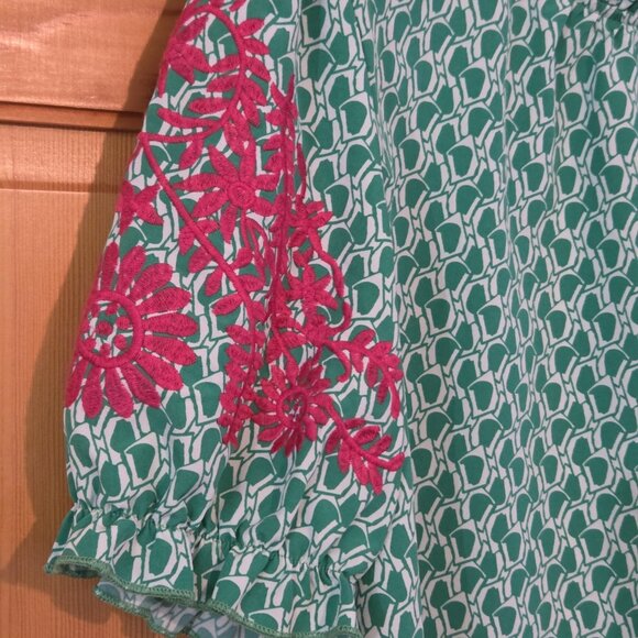 Boho Top Size Large Anegada Style Embroidered Puff Sleeve Ruffle Collar Blouse - Picture 2 of 13